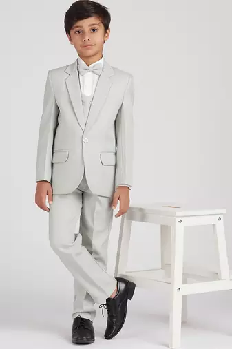royal look in solid suit set full sleeves blazer, shirt, pant and waist coat with bow tie - pista green