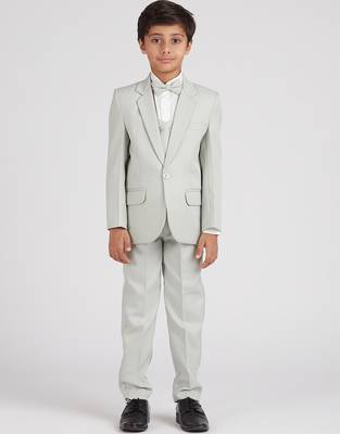 royal look in solid suit set full sleeves blazer, shirt, pant and waist coat with bow tie - pista green 2