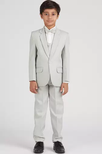 royal look in solid suit set full sleeves blazer, shirt, pant and waist coat with bow tie - pista green