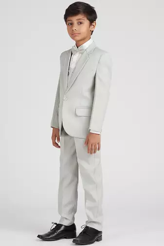 royal look in solid suit set full sleeves blazer, shirt, pant and waist coat with bow tie - pista green