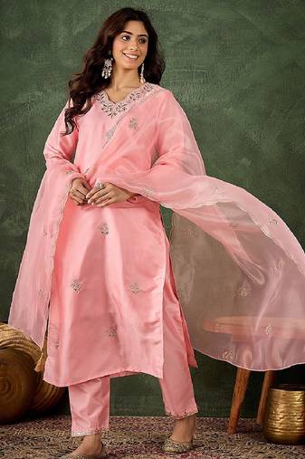 Silk blend baby pink casual wear embroidery work readymade salwar suit