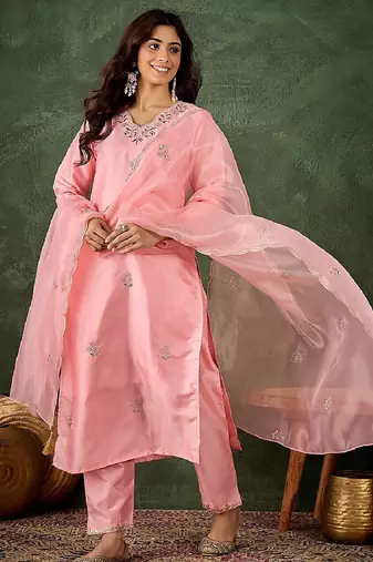 Silk blend baby pink casual wear embroidery work readymade salwar suit