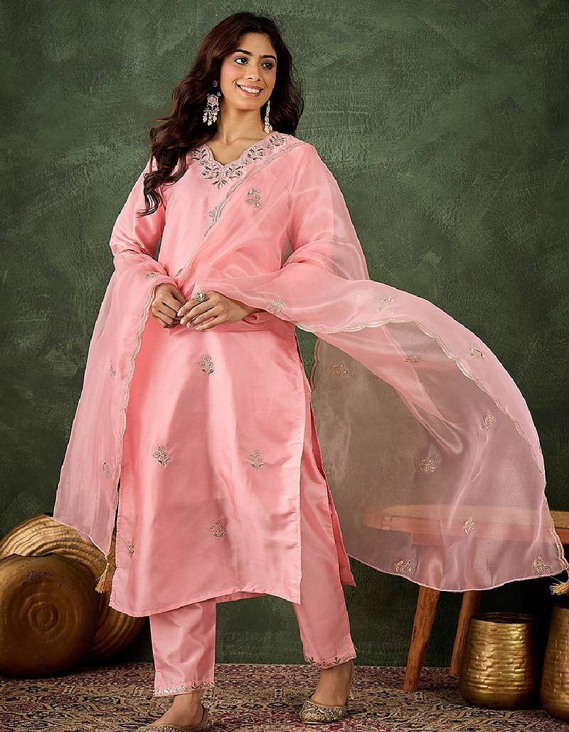 Silk blend baby pink casual wear embroidery work readymade salwar suit