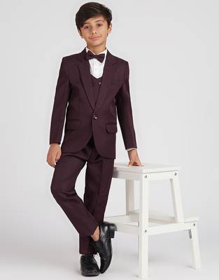 royal look in solid suit set full sleeves blazer, shirt, pant and waist coat with bow tie - wine 1