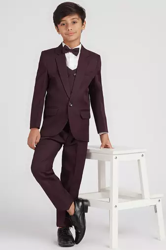 royal look in solid suit set full sleeves blazer, shirt, pant and waist coat with bow tie - wine