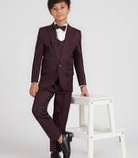 royal look in solid suit set full sleeves blazer, shirt, pant and waist coat with bow tie - wine