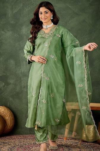 Silk blend pista casual wear embroidery work readymade salwar suit
