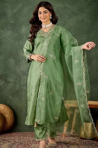 Silk blend pista casual wear embroidery work readymade salwar suit