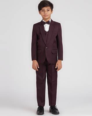 royal look in solid suit set full sleeves blazer, shirt, pant and waist coat with bow tie - wine 2