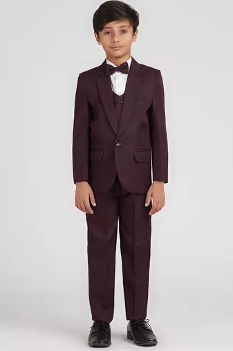 royal look in solid suit set full sleeves blazer, shirt, pant and waist coat with bow tie - wine