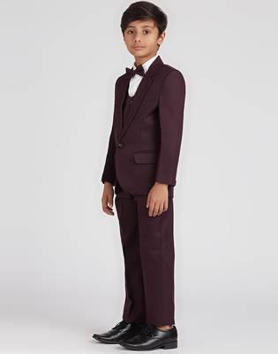 royal look in solid suit set full sleeves blazer, shirt, pant and waist coat with bow tie - wine 3