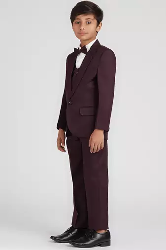 royal look in solid suit set full sleeves blazer, shirt, pant and waist coat with bow tie - wine