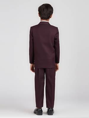 royal look in solid suit set full sleeves blazer, shirt, pant and waist coat with bow tie - wine 4