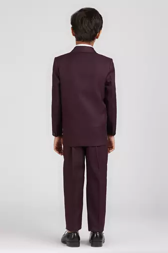 royal look in solid suit set full sleeves blazer, shirt, pant and waist coat with bow tie - wine