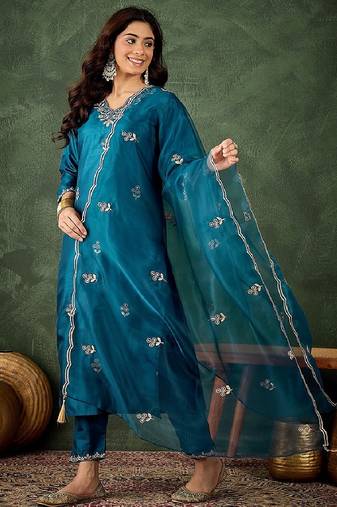 Silk blend blue casual wear embroidery work readymade salwar suit