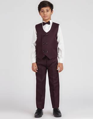 royal look in solid suit set full sleeves blazer, shirt, pant and waist coat with bow tie - wine 5