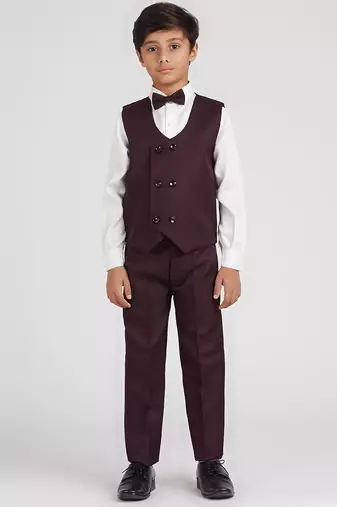 royal look in solid suit set full sleeves blazer, shirt, pant and waist coat with bow tie - wine