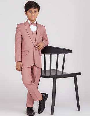 royal look in solid suit set full sleeves blazer, shirt, pant and waist coat with bow tie - pink 1