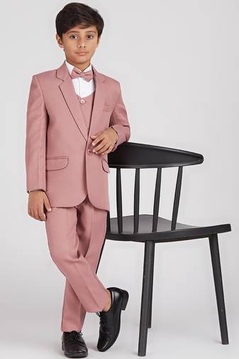 royal look in solid suit set full sleeves blazer, shirt, pant and waist coat with bow tie - pink