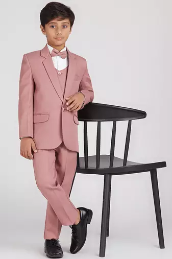 royal look in solid suit set full sleeves blazer, shirt, pant and waist coat with bow tie - pink