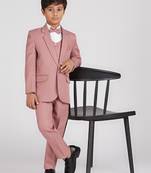 royal look in solid suit set full sleeves blazer, shirt, pant and waist coat with bow tie - pink
