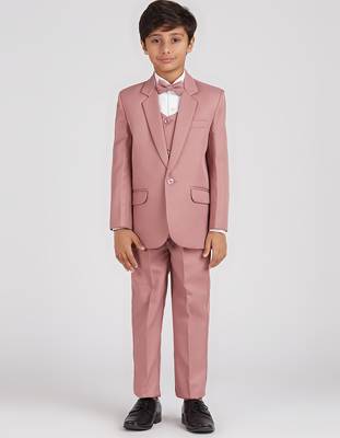 royal look in solid suit set full sleeves blazer, shirt, pant and waist coat with bow tie - pink 2