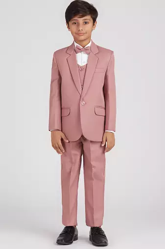 royal look in solid suit set full sleeves blazer, shirt, pant and waist coat with bow tie - pink