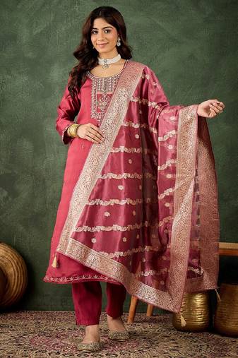 Viscose rayon pink casual wear embroidery work readymade salwar suit