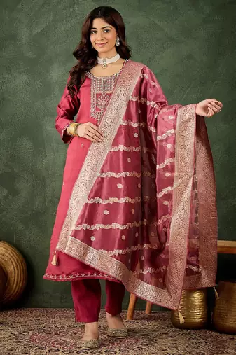 Viscose rayon pink casual wear embroidery work readymade salwar suit