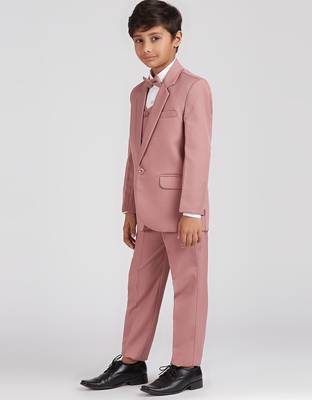 royal look in solid suit set full sleeves blazer, shirt, pant and waist coat with bow tie - pink 3
