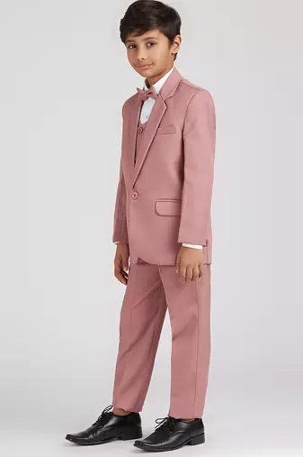 royal look in solid suit set full sleeves blazer, shirt, pant and waist coat with bow tie - pink
