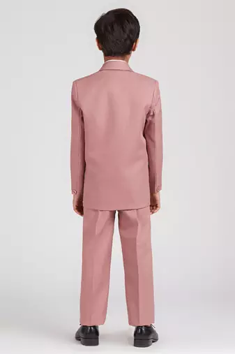 royal look in solid suit set full sleeves blazer, shirt, pant and waist coat with bow tie - pink