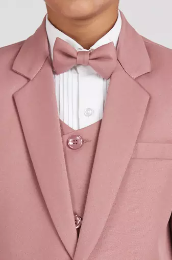 royal look in solid suit set full sleeves blazer, shirt, pant and waist coat with bow tie - pink