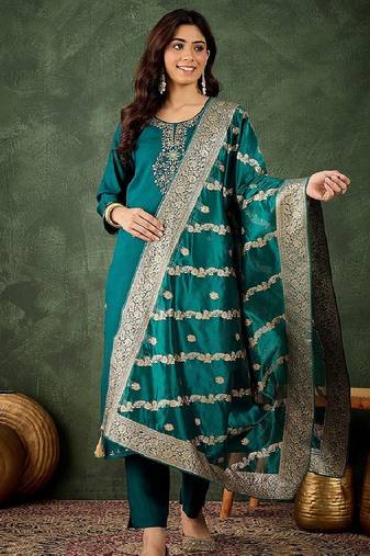 Viscose rayon teal casual wear embroidery work readymade salwar suit