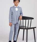royal look in solid suit set full sleeves blazer, shirt, pant and waist coat with bow tie - grey