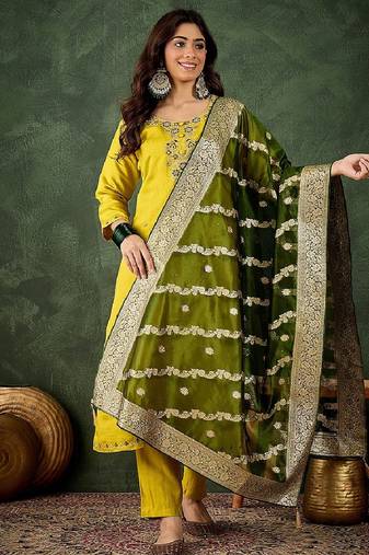 Viscose rayon parrot green casual wear embroidery work readymade salwar suit