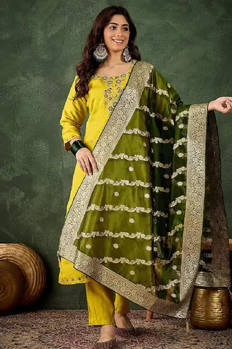 Viscose rayon parrot green casual wear embroidery work readymade salwar suit