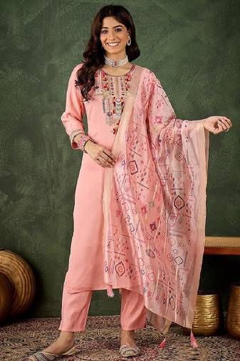 Silk blend baby pink casual wear embroidery work readymade salwar suit