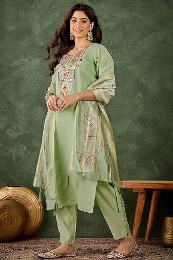 Silk blend pista casual wear embroidery work readymade salwar suit