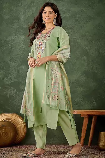 Silk blend pista casual wear embroidery work readymade salwar suit