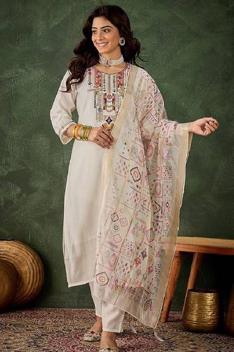 Silk blend white casual wear embroidery work readymade salwar suit