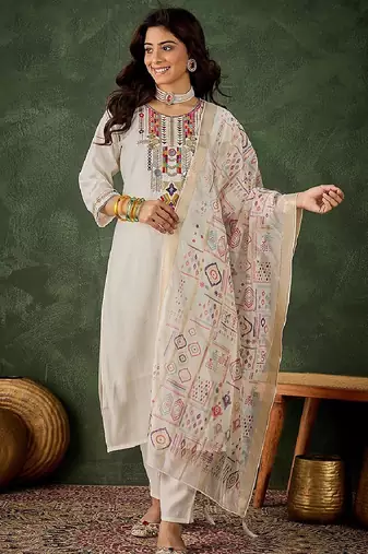 Silk blend white casual wear embroidery work readymade salwar suit