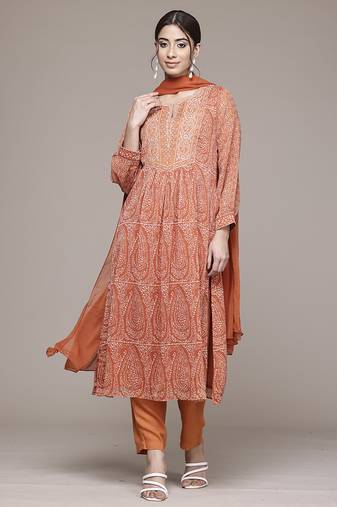 orange chiffon kurta set with embroidered work