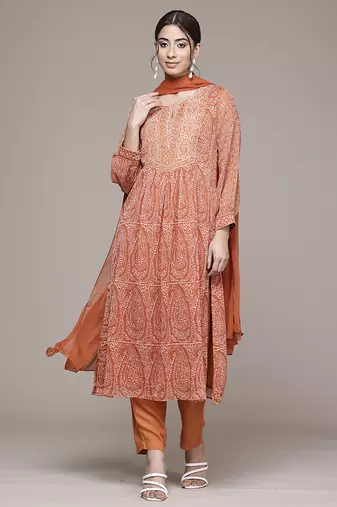 orange chiffon kurta set with embroidered work