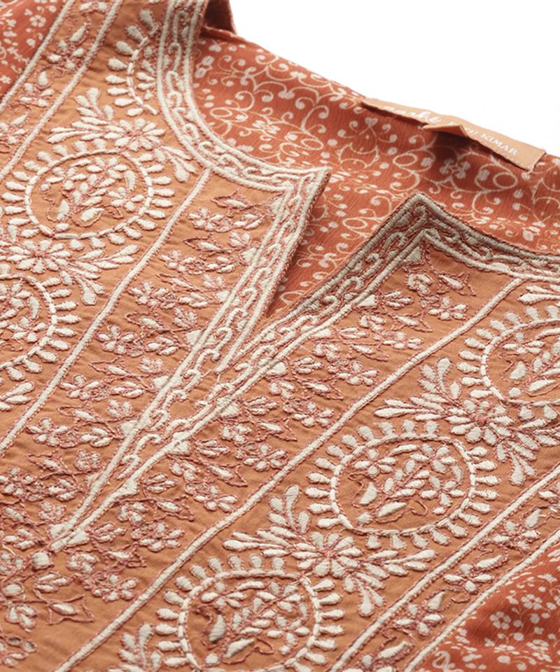 orange chiffon kurta set with embroidered work