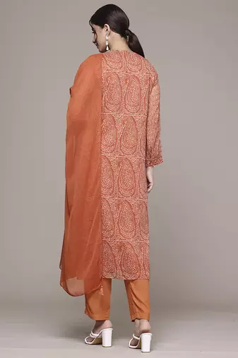 orange chiffon kurta set with embroidered work