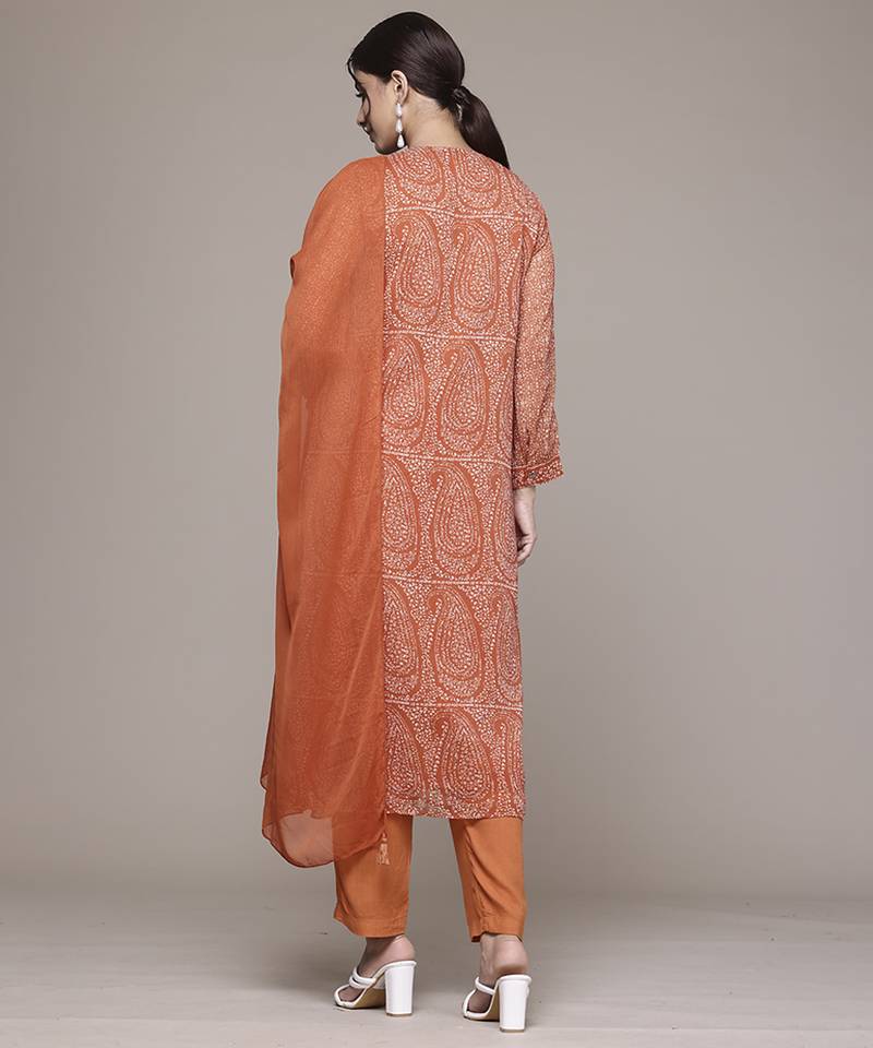 orange chiffon kurta set with embroidered work