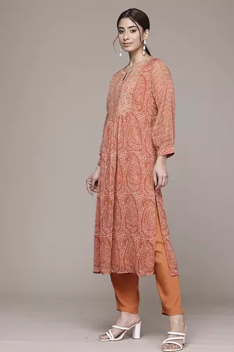 orange chiffon kurta set with embroidered work