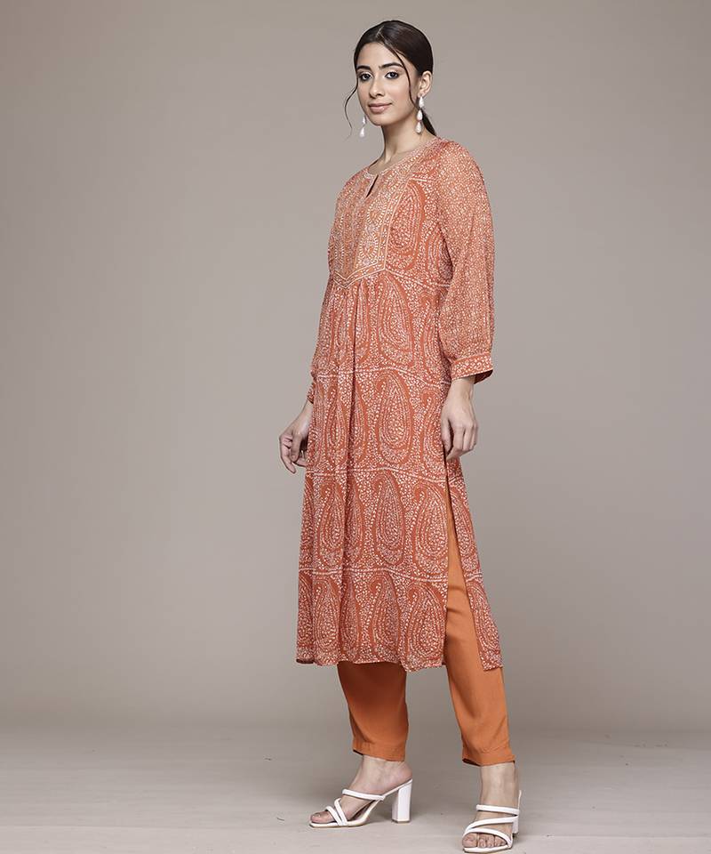 orange chiffon kurta set with embroidered work