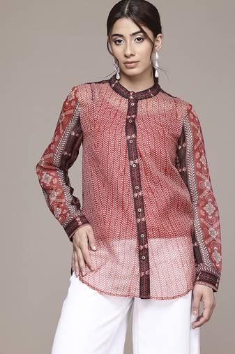 rust cotton shirt with printed work design